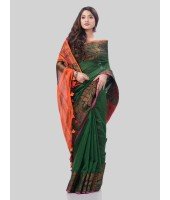 DESH BIDESH Women`s Tant Cotton Silk Handloom Cotton Saree Pushpomala With Blouse Piece(Green Orange)